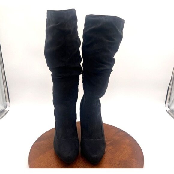Elle Black Suede Pointed Toe Slouchy Heeled Mid-Calf Boots Size 6M Whimsigoth - Picture 3 of 14